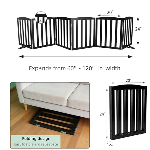 Foldable Freestanding Indoor Dog Gate for House Wood White Long Pet Gates Dog Fence for Stairs Puppy Gates for Hallways (Black / 【6 Panels】120''w X 24''h)