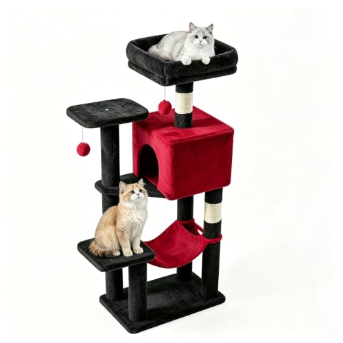44 in Cat Tree Tower with Natural Sisal Scratching Posts (Black Red / 43.6"×13.7"×17.7")