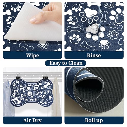 Dog & Cat Food Mat Bone Shaped Pet Feeding Mat Quick Absorb Water Bowl Placemat with Rubber Backing Indoor Floor Stain Resistant Pet Accessory Supplies (Blue / 17"L x 17"W)