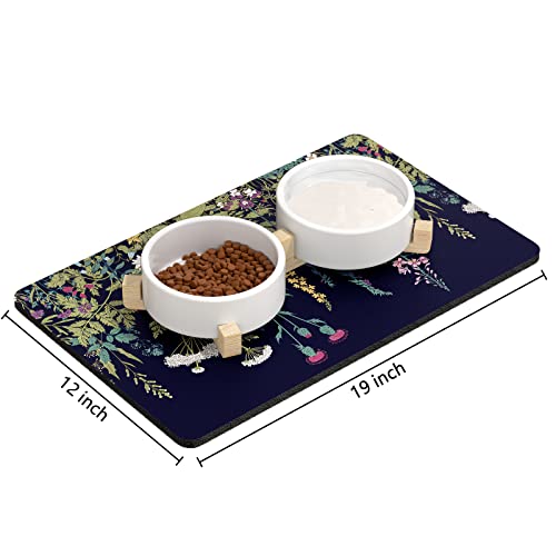 Dog Food Mat 12" x 19" Flower Absorbent Dog Cat Bowl Mat for Food and Water (Midnight Flower / 12"L x 19"W)