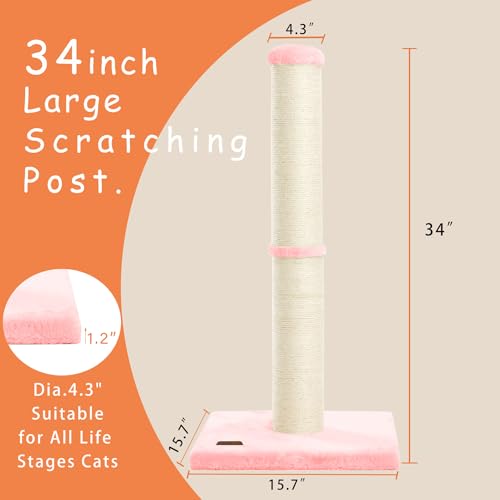34" Tall Cat Scratching Post with Sisal Rope for Indoor Cats Pink (Pink)