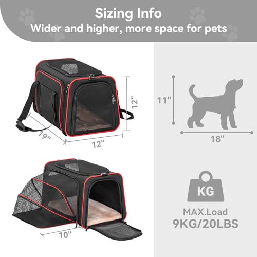 Large Expandable Cat Carrier for Travel (18.9"L x 12.2"W x 12.2"H / Black)
