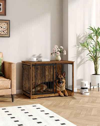 43.3" XL Dog Crate Furniture Indoor Dog Kennel with Barn Door (Rustic Brown / 43.3"L x 27.5"W x 31.8"H)