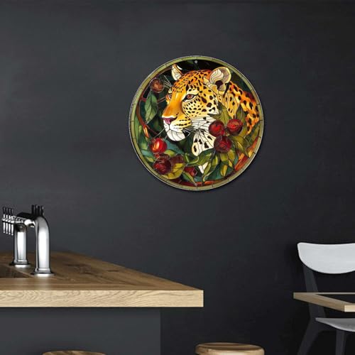 Metal Sign Tin Sign Circular Stained Glass Leopard Bathroom Signs for Home for Club 12×12 Inches (12×12 Inches / Leopard-3)