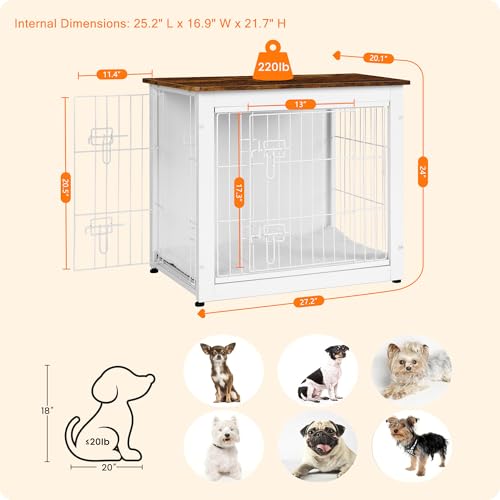 27" Dog Crate Furniture (White+Rustic Brown / 27.2"L x 20.1"W x 23.6"H)