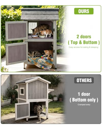 Outdoor Cat House Weatherproof Feral Cat Shelter with Escape Doors (Grey / Gable Roof - 26.8"W)