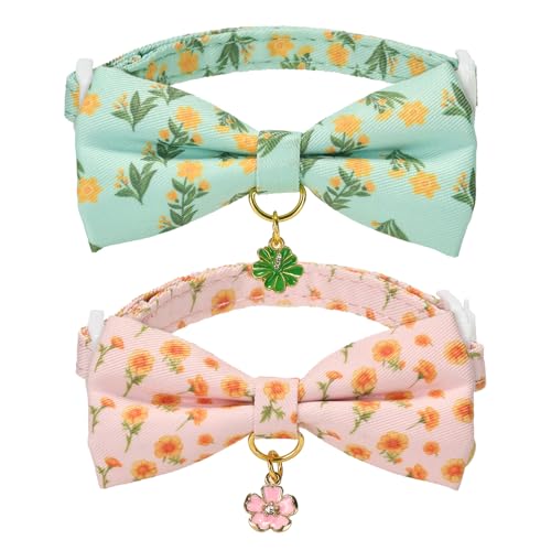 2 Pack Floral Cat Collars with Bow Tie and Bell Adjustable Breakaway Bowtie Cute Kitten Collar (S:Neck 7.0" - 11.0" / Floral Green+Pink)