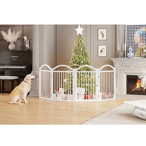 Metal No Assembly Freestanding Dog Gate with Door Walk Through (White C / 4 panels 96"W*32"H HYG)