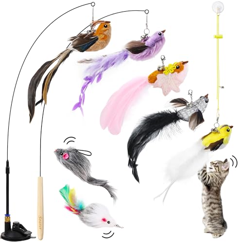 3in1 Flying Bird Cat Wand Toys with Suction Cup for Indoor Cat (Bird Cat Toy)