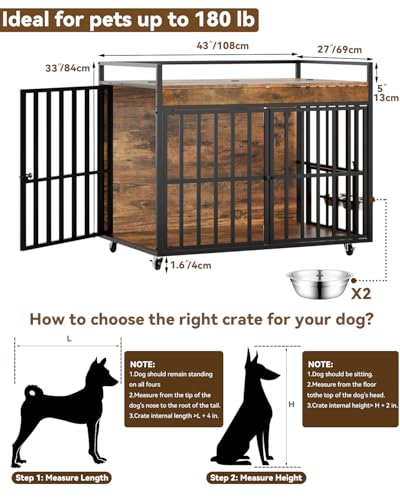 Heavy Duty Large Dog Crate Furniture with 360° Rotatable Bowls & Wheels (43.5"L x 27.2"W x 34.8"H)