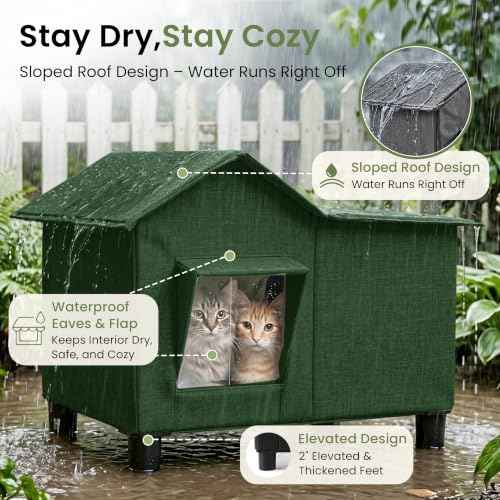 Outdoor Cat House Weatherproof Elevated Cat Bed (Green / L)