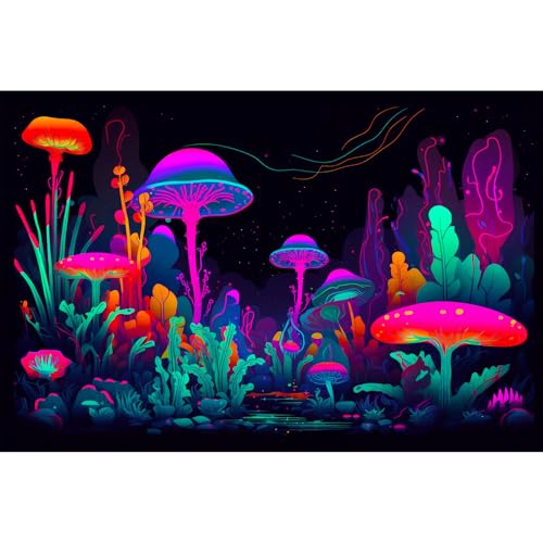 Mushrooms Aquarium Background Mushrooms in Dark Forest with Bright Colors Terrarium Background Tranquil Lake Cartoon Style Aquatic Plants Fish Tank Backdrop Poster Decorations Wallpaper Decor 36x18in (36(W)x18(H)in / Purple Red)