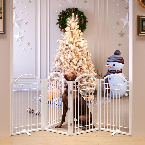 Metal No Assembly Freestanding Dog Gate with Door Walk Through (White / 4 Panels-S)