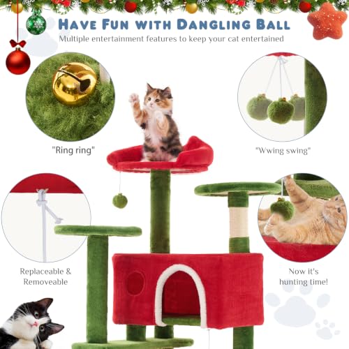 54 Inch Cat Tree Tower with Scratching Posts (Red & Green / 54 Inch)