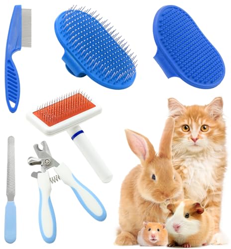 Pet Grooming Kit with Slicker Brush Bath Massage Glove Brush Pet Shedding Comb Nail Clipper Trimmer 6 Piece Set for Rabbit Kitten Guinea Pig Cat Chinchilla Ferret Small Animals (Blue)