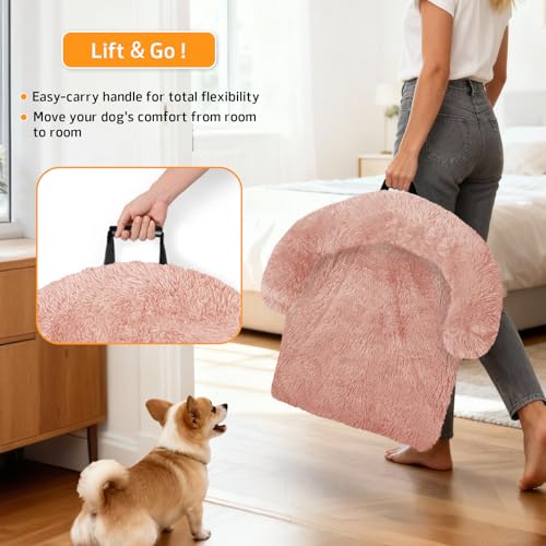 Calming Dog Bed Fluffy Plush Dog Mat for Furniture Protector with Removable Washable Cover for Large Medium Small Dogs and Cats (Pink / 45.0"L x 37.0"W x 6.0"Th)