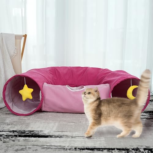 Cat Tunnel Large Indoor Durable Collapsible Interactive Cat Tube with Peek (PINK)