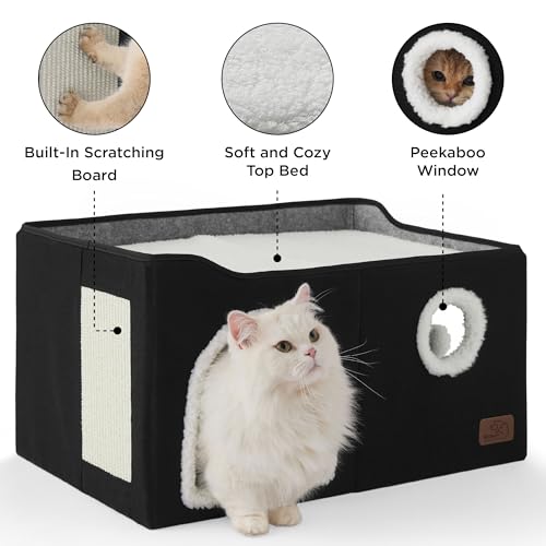 Extra Wide Cat House Bed with Fluffy Ball and Scratch Pad (Black / Widen)