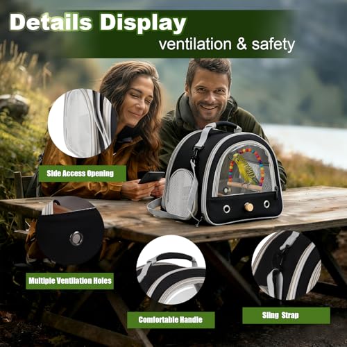 Portable Parrot Travel Cage Carrier with Small Swing Toy&Cage Colorful Toys Set Small Bird Parakeet Bag with Standing Perch Bird Carry Transport Bag (Black / 12.0"L x 7.0"W x 12.0"H)