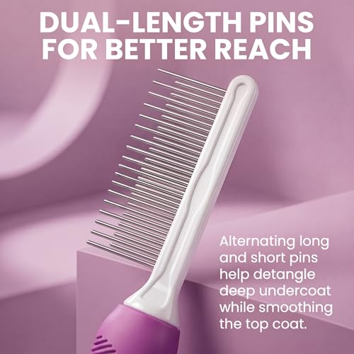 Poodle Pet Detangling Pet Comb with Long & Short Stainless Steel Teeth for Removing Matted Fur (Purple / Detangling Pet Comb)