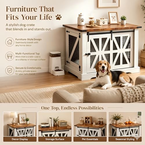 40" Dog Crate Furniture with Sliding Doors for Medium Dogs Up to 45 lbs (White / 40"L x 29"W x 34.3"H)