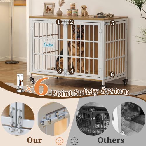 Heavy Duty Dog Crate Furniture with Personalized Name Tag (White & Beech / 40.8"L x 29.3"W x 30.2"H)