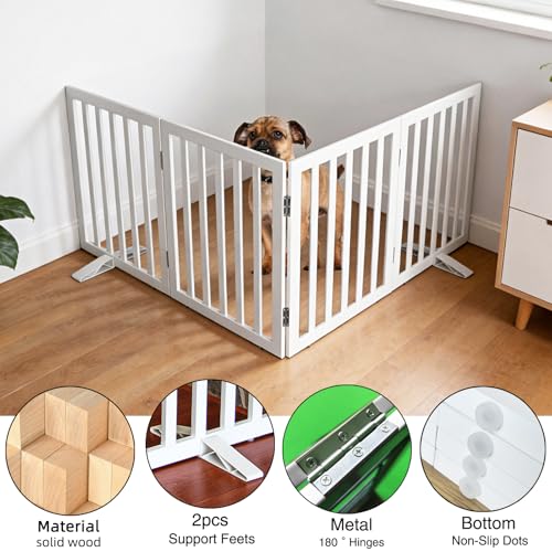 Freestanding Indoor Dog Gate for House Foldable Wood White Puppy Gate for Doorways Pet Gate for Stairs Extra Wide Pet Fence 32" Height 4 Panels (White / 【4 Panels】80''w x 32''h)