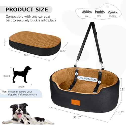 Dog Car Seat for Medium & Large Dogs up to 55 lbs (Black/Brown)