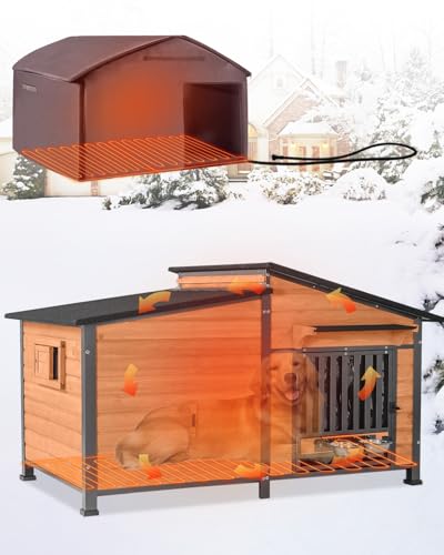Heated Dog House Extra Large Outdoor with Bowls Weatherproof Dog Kennel with Heating Pad Anti