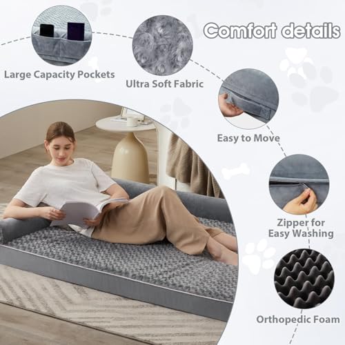 Orthopedic Washable Human Dog Bed for Adult & Dog Cozy Sleep (61"l x 43"w x 7"th / Grey)