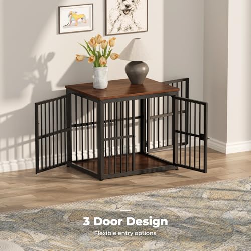 27'' Dog Crate Furniture with 3 Doors for Puppy Small Dogs (Walnut / 26.9"L x 20.9"W x 24.0"H)