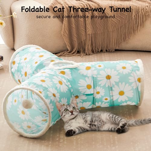 Cat Tunnel, 3-Way Collapsible Toy for Indoor Cats, Daisy Blue (Daisy Blue Printed / Small)