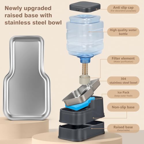 1.1 Gallon Pet Automatic Dog Water Dispenser Cat Gravity Waterer Feeder with Stainless Steel Bowl 8L Large Capacity Puppy Feeding Raised Bowls with Filter (Charcoal Gray / 4L(1.1 Gallon))