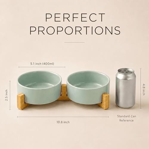 Ceramic Dog and Cat Bowl Set with Wooden Stand (1.7 cups / Morandi Green × 2)