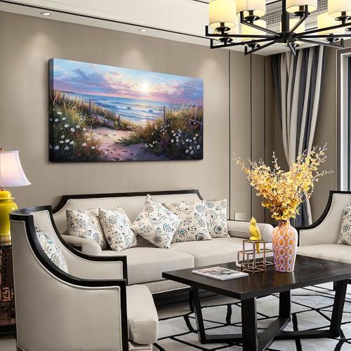 Canvas Wall Art For Living Room Wall DecorFor Bedroom Flower Beach Scenery Wall Painting Blue Ocean Pictures Artwork Office Decor Modern Framed Posters Home Decorations 20"X40" (40"L x 20"W / Flower Beach Ocean Scenery)