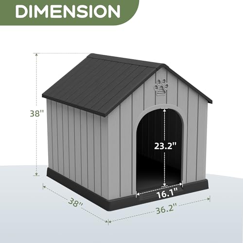Large Dog House for Outdoor Indoor Use Stable Plastic Waterproof Doghouse with Air Vents and Elevated Floor Easy to Clean and Assemble for Medium to Large Dogs (Black / 36''L×38''W×38''H)