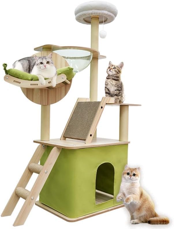 59.1-Inch-Green Cat Tree for Indoor Cats Large Adult, with Cat Condos,Cat Scratchers,Cat Hammock,Space Capsule, Plush Jumping Platform,Hanging Ball,Cat Trees for Indoor Cats(Green/Log Color) (Y18)