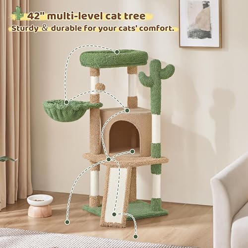 42in Brown Cactus Cat Tree Tower with Scratching Posts and Condo (Brown/Green)
