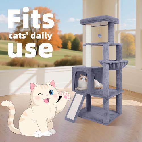 55" All-in-One Cat Tree Tower with Scratching Board & Posts Cozy Sleeping Perch Hammock and Toy Balls,Grey (Grey All-in-One)