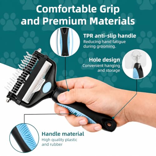 3-IN-1 Pet Grooming Tool - Undercoat Rake, Dematting Comb & Deshedding Brush for Cats, Dogs, Horses - Removes Mats, Tangles & Loose Fur, Reduces Shedding & Prevents Hair Mess (Blue) (Blue)