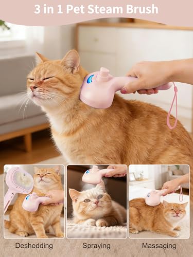 3 in 1 Dog Cat Steam Brush with Storage Rope for Shedding Massaging Grooming (Pink)