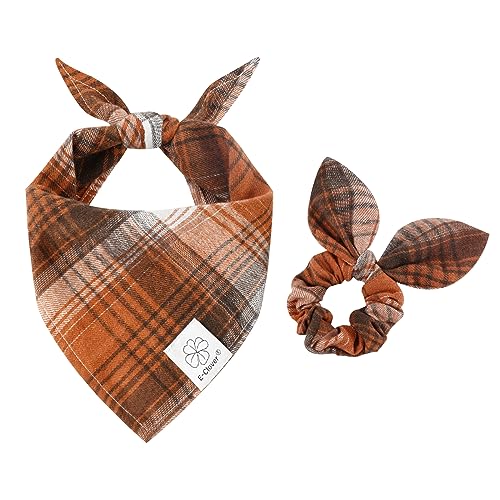 Fall Dog Bandanas Matching Dog Bandana and Scrunchie Medium Large (01-brown orange-plaid / Large)