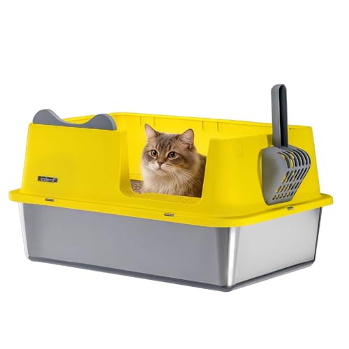 XL Stainless Steel Cat Litter Box for All Cats with High Sides and Scoop (Yellow / X-Large)