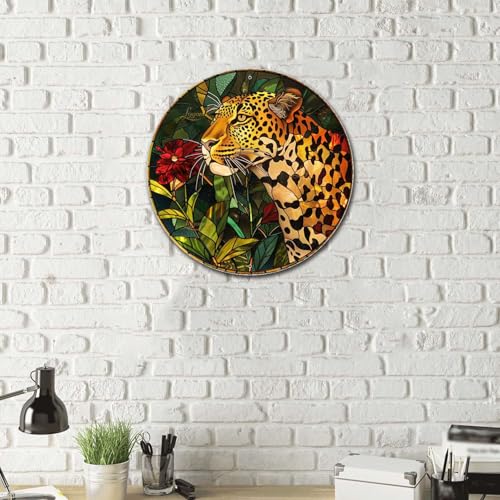 Metal Sign Tin Sign Circular Stained Glass Leopard Home Decor for Restaurant 8×8 Inches (8×8 Inches / Leopard-1)