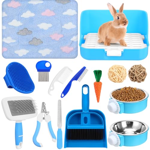 15 Pcs Rabbit Starter Kit Small Rabbit Litter Box Girls Gift Animal Grooming Kit Bunny Toys Bowl Blankets with Cleaning Set for Guinea Pig Accessories (Light Blue)