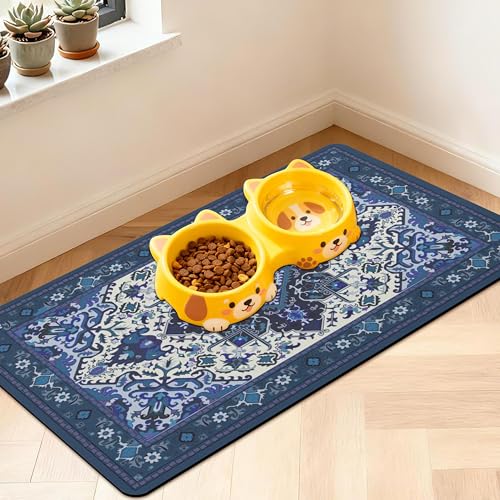 Pet Feeding Mat for Floors Waterproof Dog Mat for Food and Water Absorbent Quick Dry Non Slip mat for Cat Bowls (30"L x 17"W / BlueBoho)