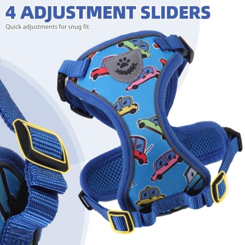 Cat Harness and Leash Set Escape Proof Reflective Cat Walking Harness Adjustable Soft Breathable Mesh Vest for Small Pets (S (NECK 9.5"-11", CHEST 13"-16") / Blue(Cars))