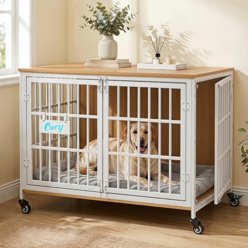 42 in Heavy Duty Dog Crate Furniture on Lockable Wheels (White & Beech / 42.1"L x 29.3"W x 31.2"H)