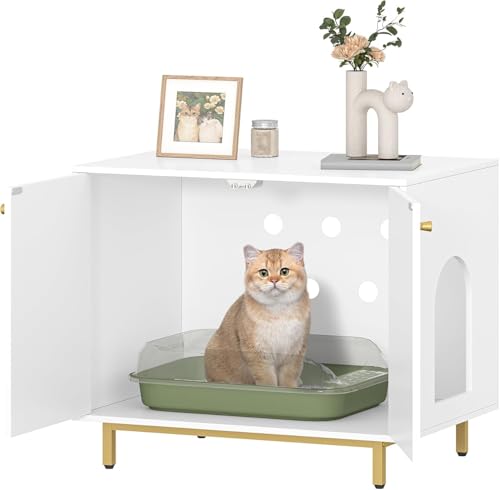 Cat Litter Box Enclosure (31.5"L x 21.7"W x 27.6"H / White and Gold)