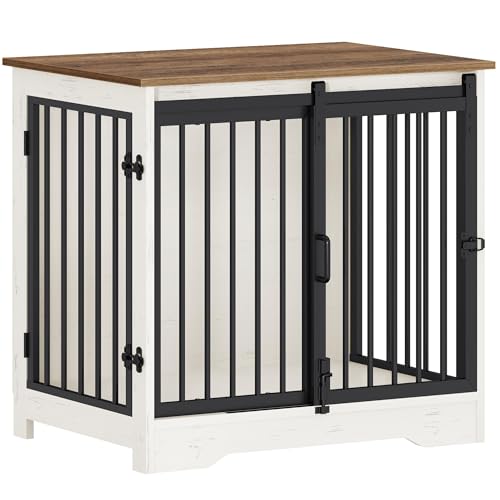 27.2" S Dog Crate Furniture Indoor Dog Kennel with Barn Door (White Brown / 27.2"L x 19.3"W x 25.4"H)